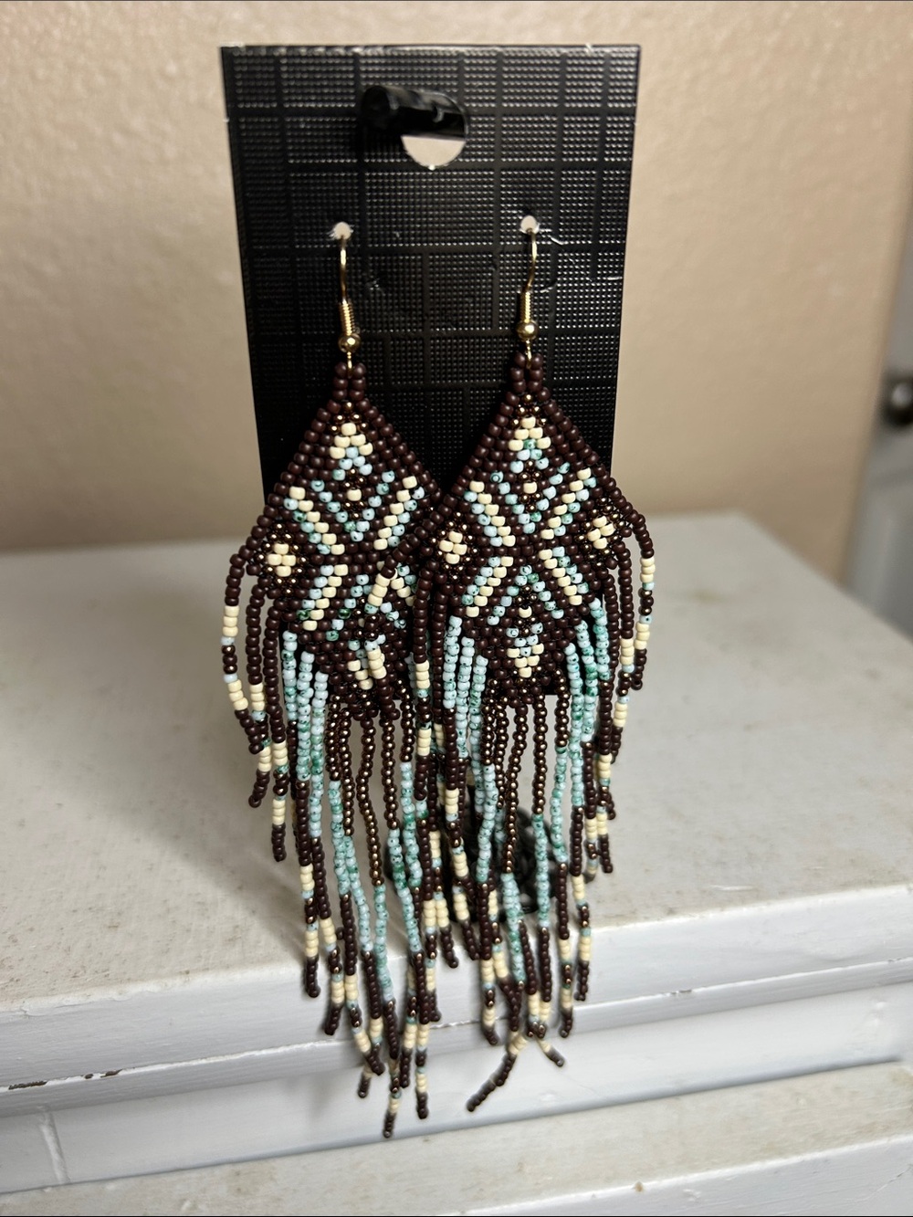 Beaded Fall Feelings Brown, Cream & Light Blue Dangle Earrings